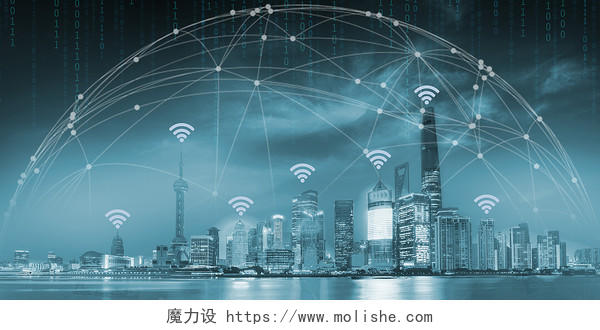 蓝色社会发展城市科技节点网络线条wifi互联信号建筑背景